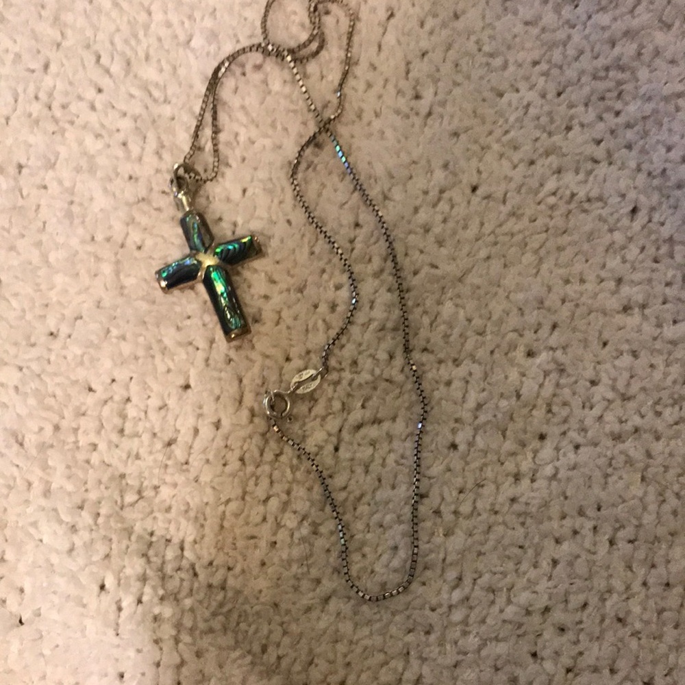 Abalone Cross Pendant Necklace - Abalone Cross & Sterling Chain Marked Italy
